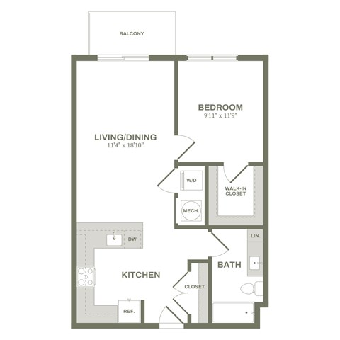 Floor plan for 1 bed, 1 bath, 700 sqft
